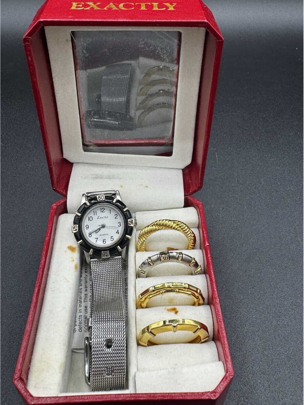 Vintage EXACTLY Quartz Watch Gift Set Interchangeable Bezels Mesh Band Boxed